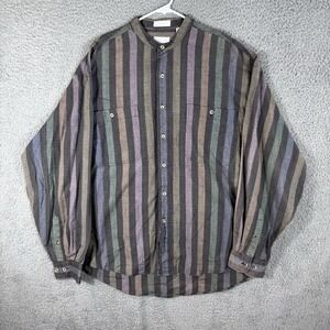 Vintage King Size Button Shirt Mens LT Tall Striped Band Collar Colorful Stripe